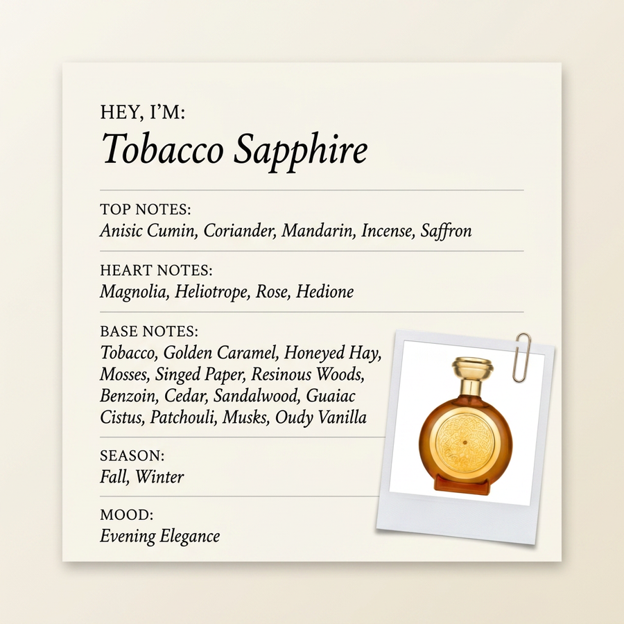 Boadicea The Victorious Tobacco Sapphire fragrance profile card