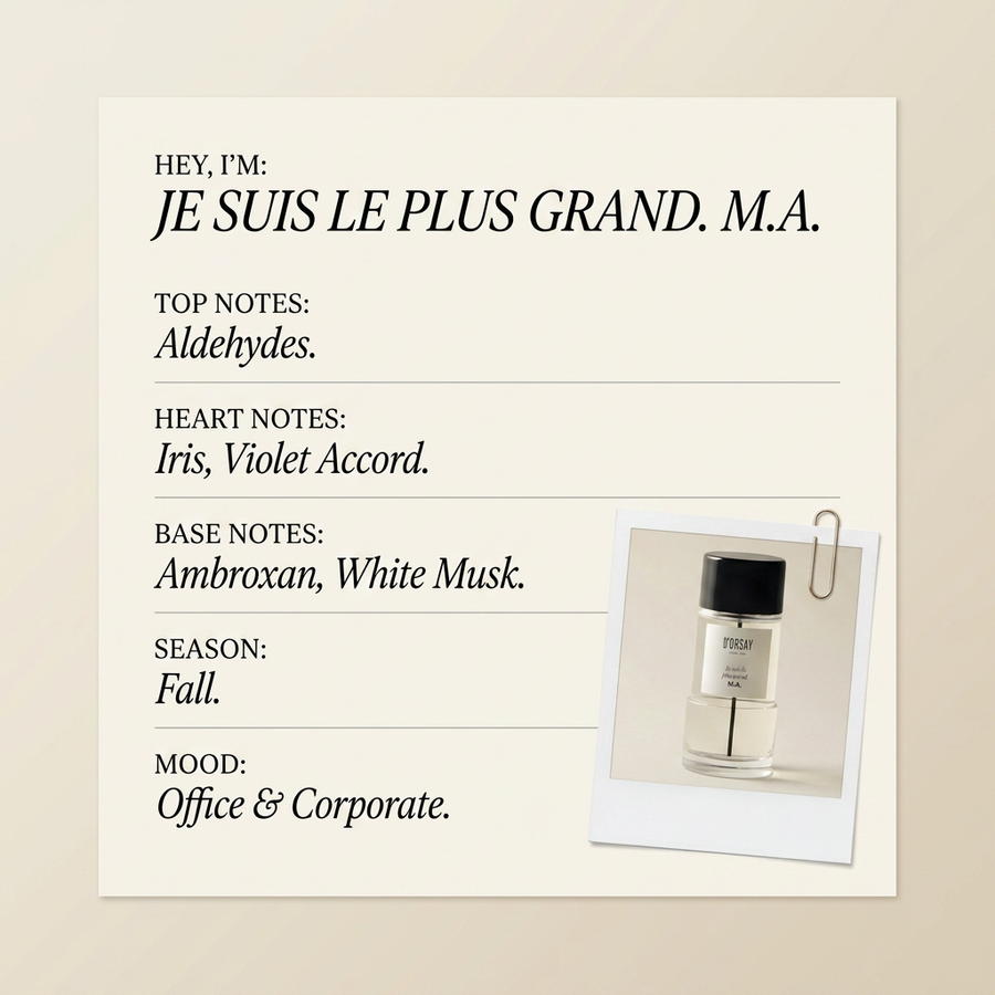D'Orsay JE SUIS LE PLUS GRAND. M.A. fragrance profile card