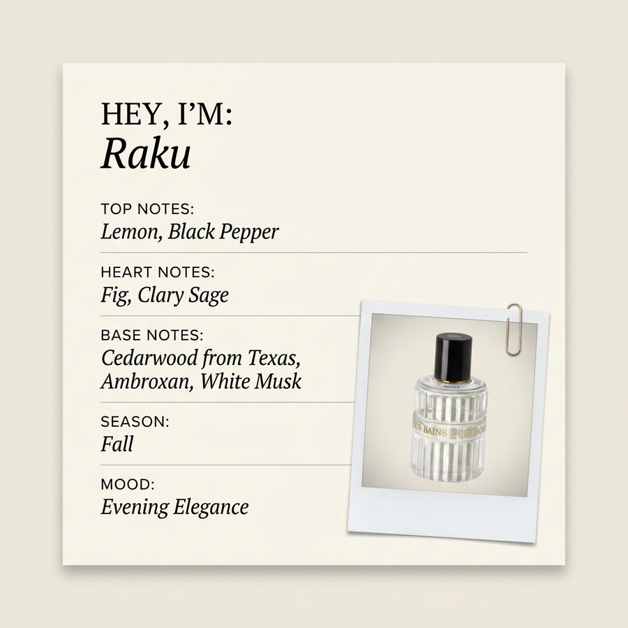 Les Bains Guerbois RAKU fragrance profile card