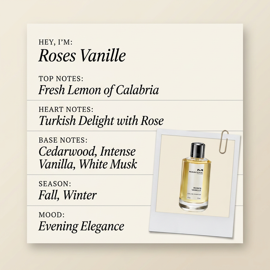 Mancera Paris Roses Vanille fragrance profile card