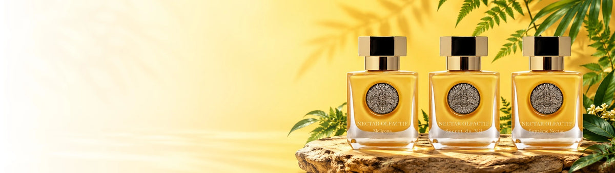 Nectar Olfactif perfume bottles Melipona, Secret du Nil and Suprême Nectar, yellow with gold caps, on a rock with leaves