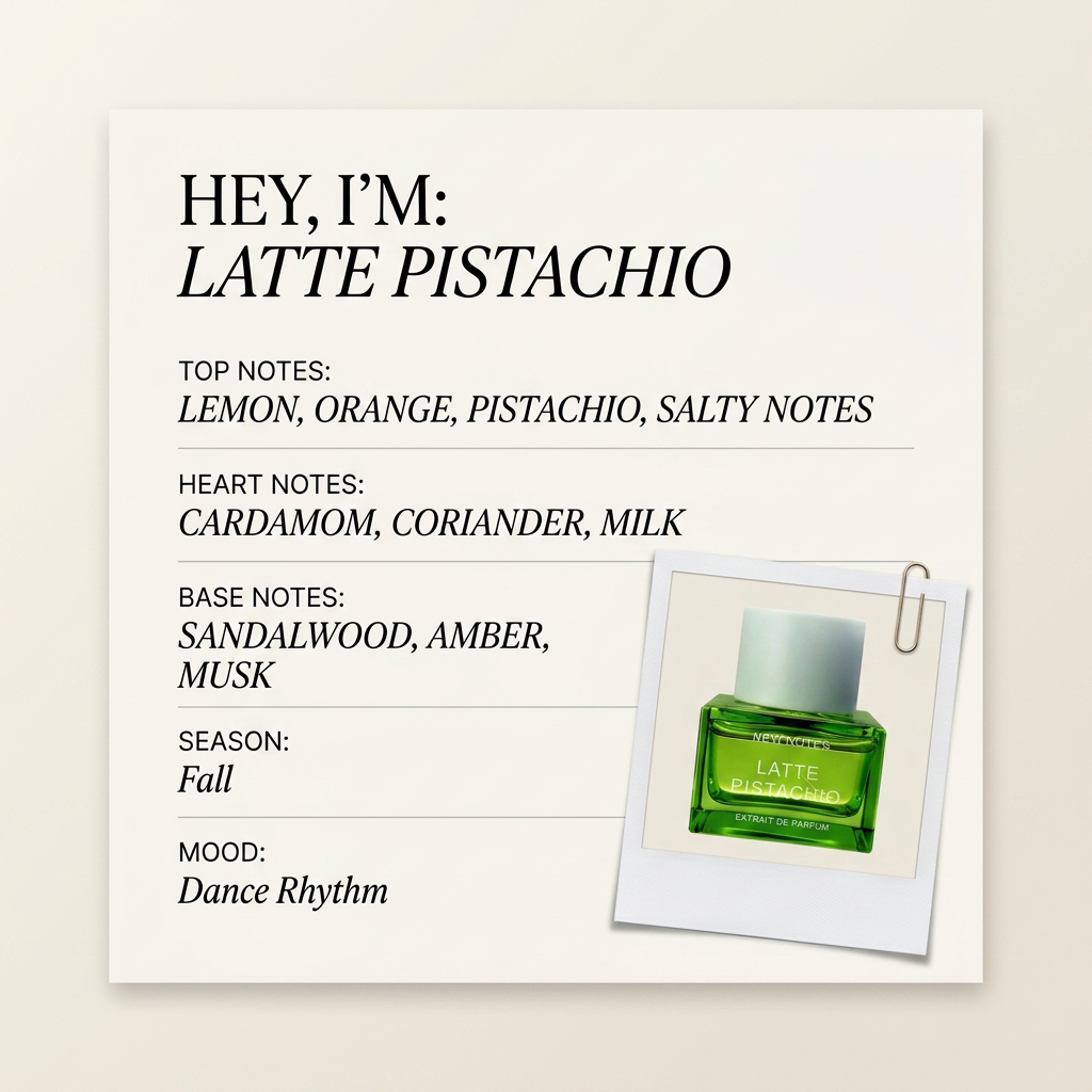 New Notes LATTE PISTACHIO fragrance profile card