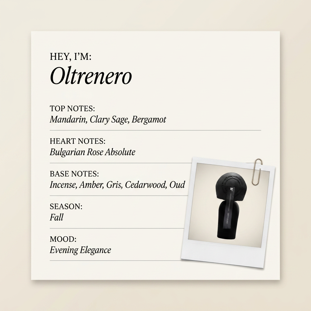 Rajani Parfums Oltrenero fragrance profile card