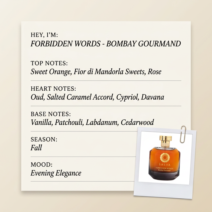 Sasva Parfums FORBIDDEN WORDS - BOMBAY GOURMAND fragrance profile card