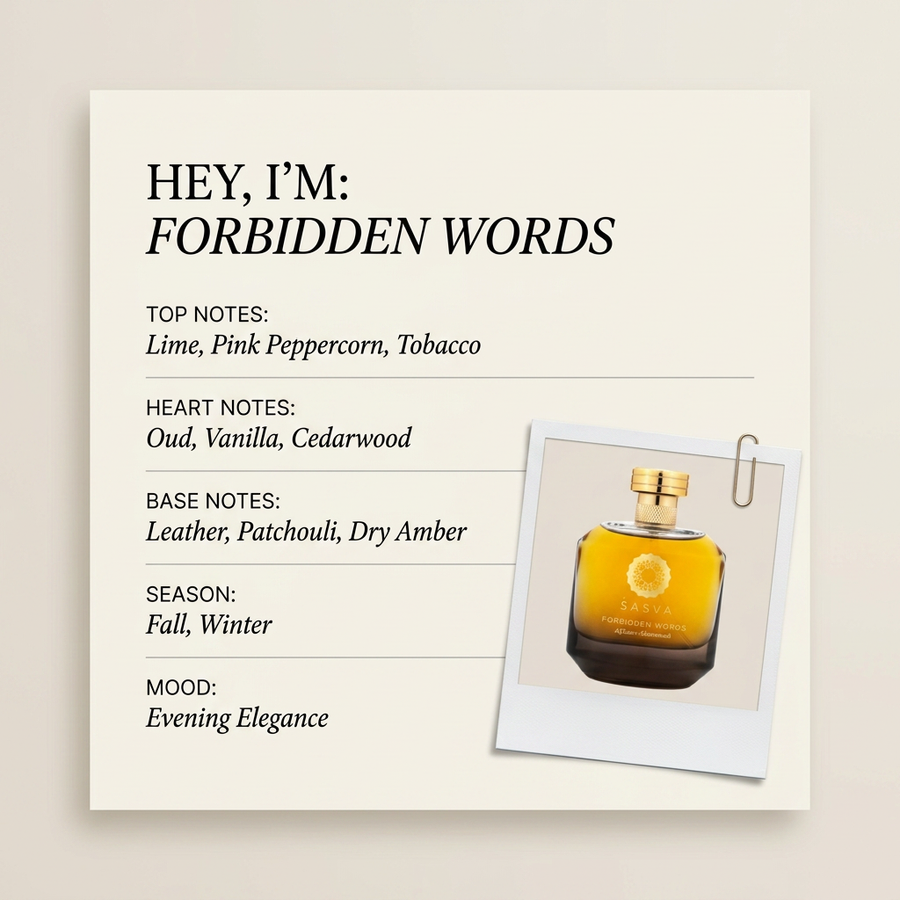 Sasva Parfums FORBIDDEN WORDS fragrance profile card
