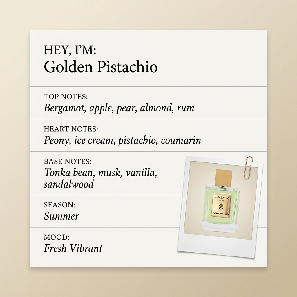 Sensatio Paris Golden Pistachio fragrance profile card