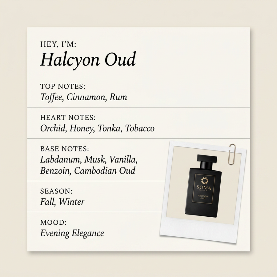 Soma Parfums Halcyon Oud fragrance profile card