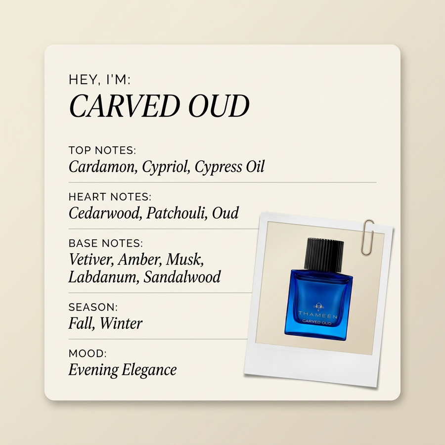 Thameen London CARVED OUD fragrance profile card