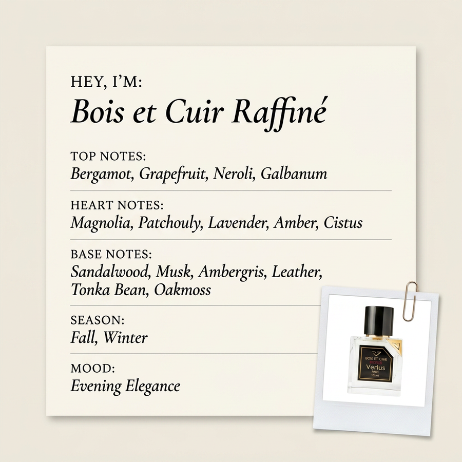 Vertus Bois et Cuir Raffiné fragrance profile card